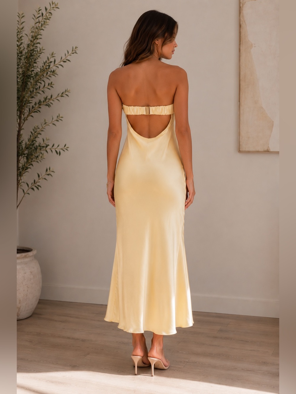 Strapless Satin Slip Dress in Pale Yellow